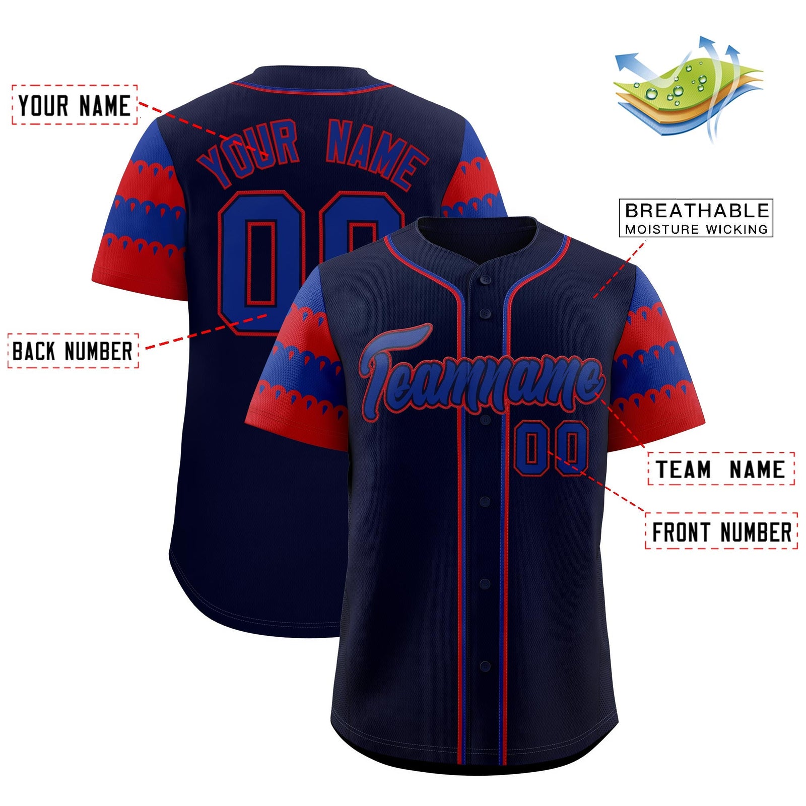 Custom Navy Red Royal Sleeve Flag Lace Baseball Jersey | Sublimation Printed & Embroidery,Add Name and Numbern,Perfect for Teams | KXKSHOP
