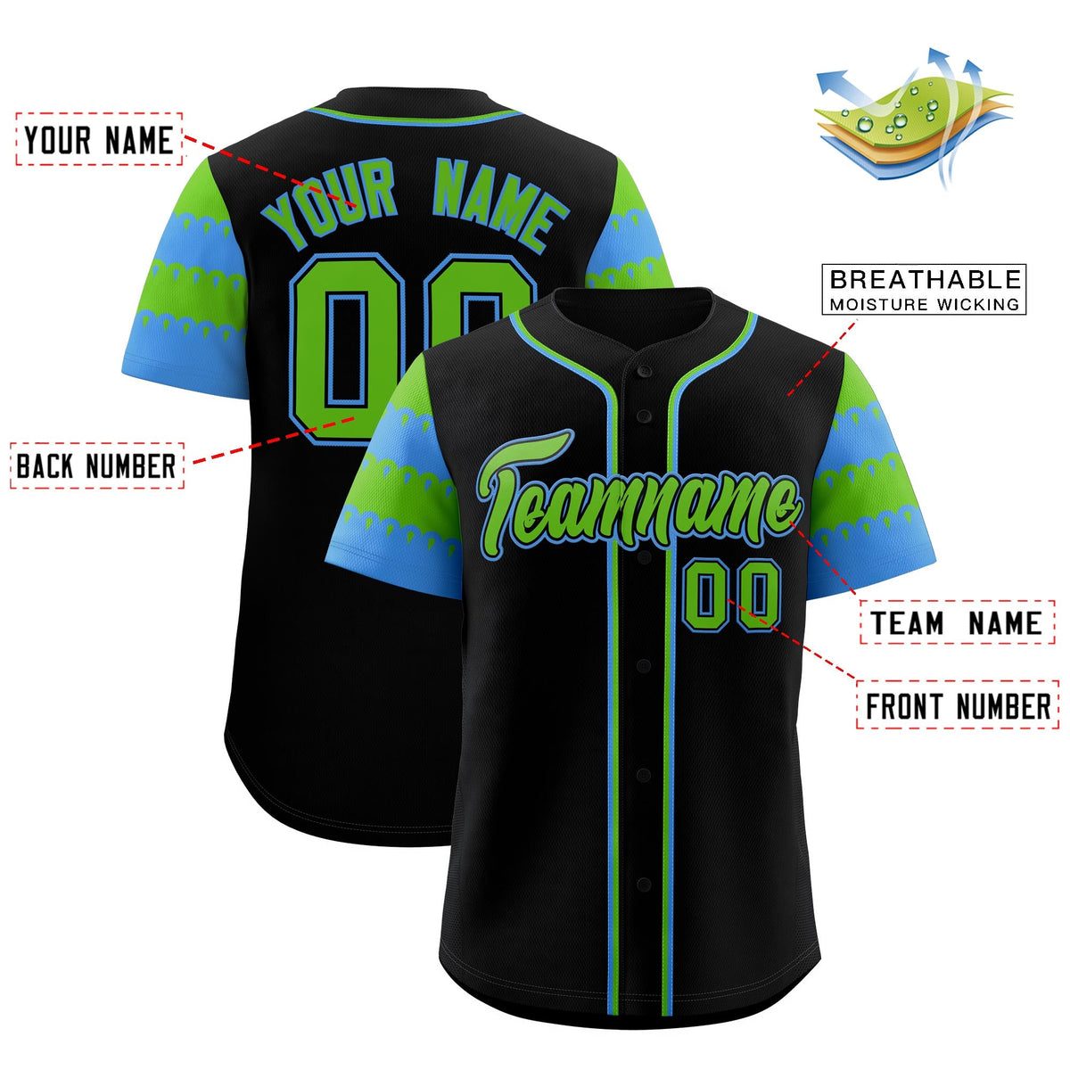 Custom Black Green Powder Blue Sleeve Flag Lace Baseball Jersey | Sublimation Printed &amp; Embroidery,Add Name and Numbern,Perfect for Teams | KXKSHOP