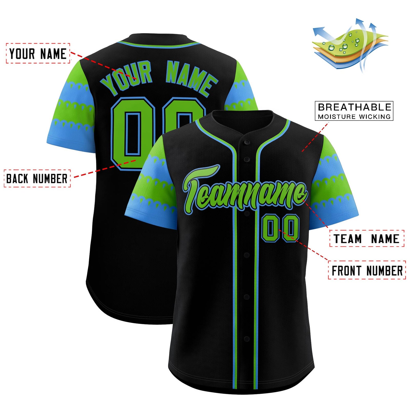Custom Black Green Powder Blue Sleeve Flag Lace Baseball Jersey | Sublimation Printed & Embroidery,Add Name and Numbern,Perfect for Teams | KXKSHOP