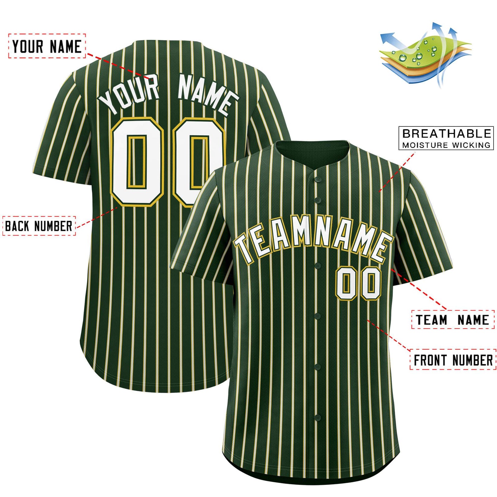 Custom Green Gold Tricolor Stripe Fashion Authentic Baseball Jersey