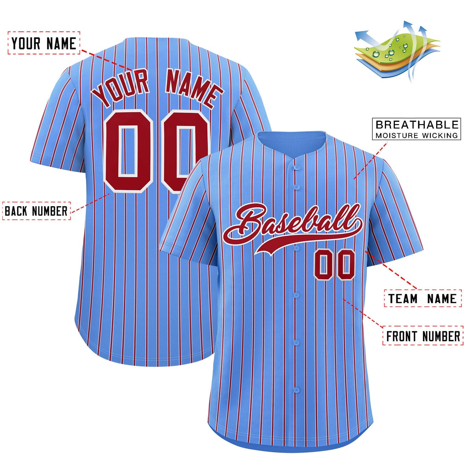 Custom Powder Blue White Tricolor Stripe Fashion Authentic Baseball Jersey