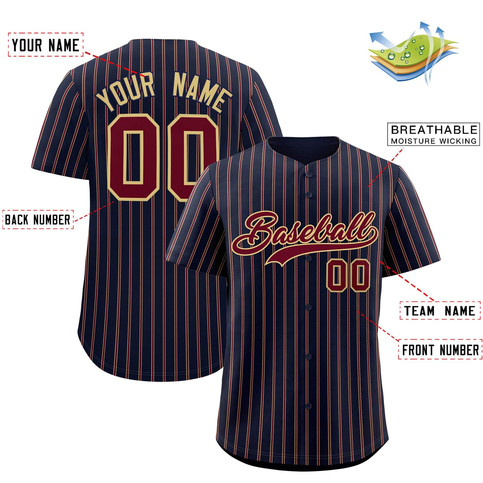 Custom Navy Khaki Tricolor Stripe Fashion Authentic Baseball Jersey