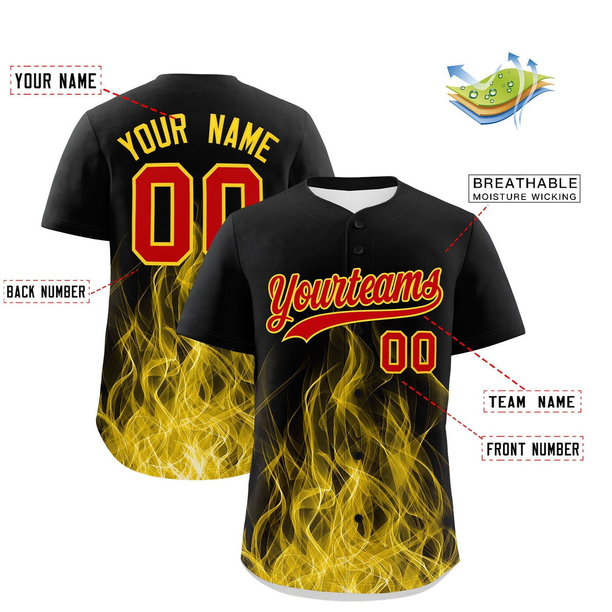 Custom Black Red Gold Flame Graffiti Pattern Personalization Baseball Jersey| KXKSHOP