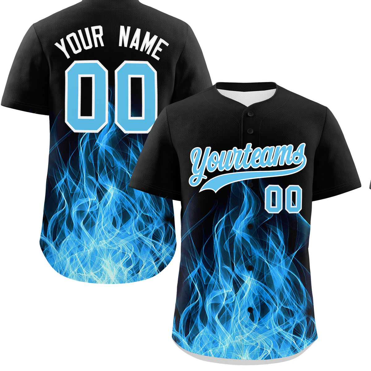 Custom Black Sky Blue White Flame Graffiti Pattern Personalization Baseball Jersey| KXKSHOP