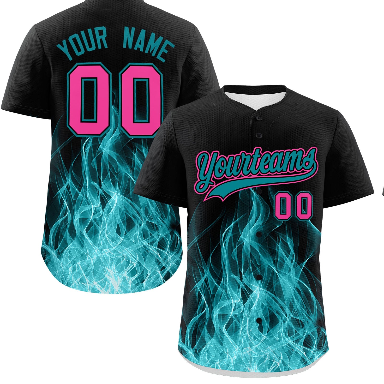 Custom Black Teal Pink Flame Graffiti Pattern Personalization Baseball Jersey| KXKSHOP