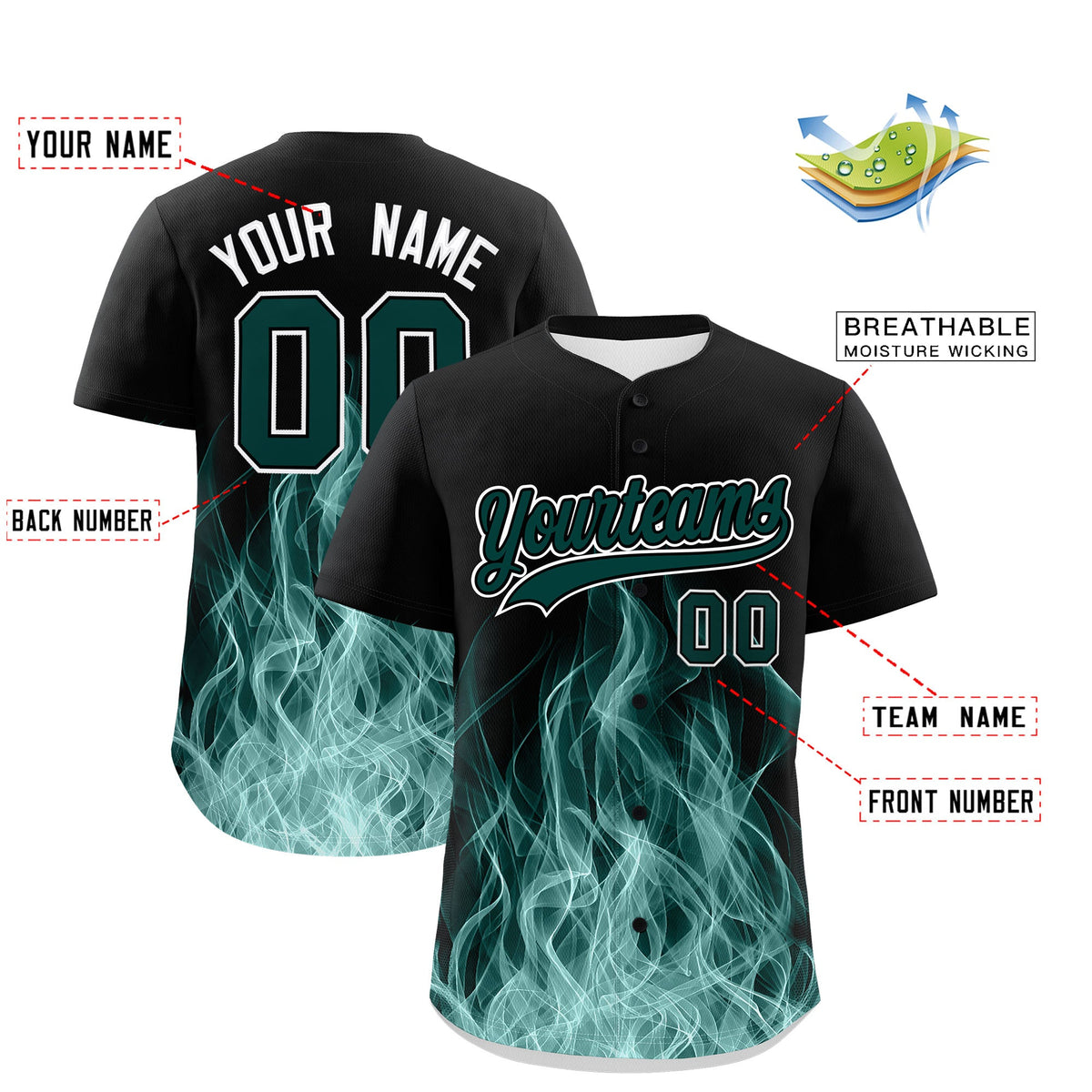 Custom Black Midnight Green White Flame Graffiti Pattern Personalization Baseball Jersey| KXKSHOP