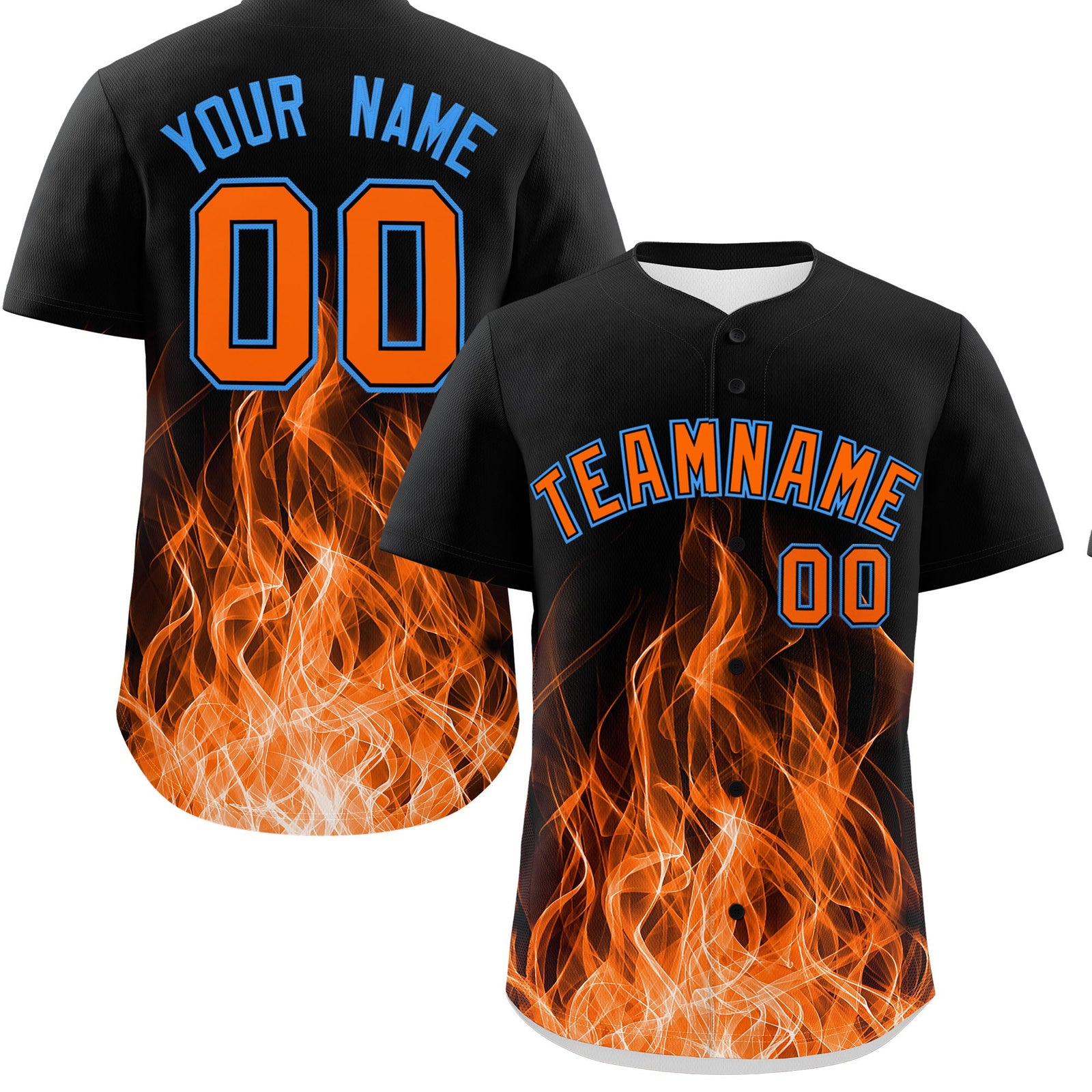 Custom Black Orange Light Blue Flame Graffiti Pattern Personalization Baseball Jersey| KXKSHOP