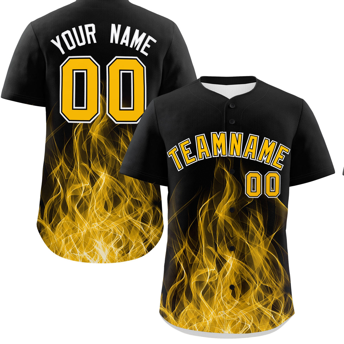 Custom Black Yellow White Flame Graffiti Pattern Personalization Baseball Jersey| KXKSHOP