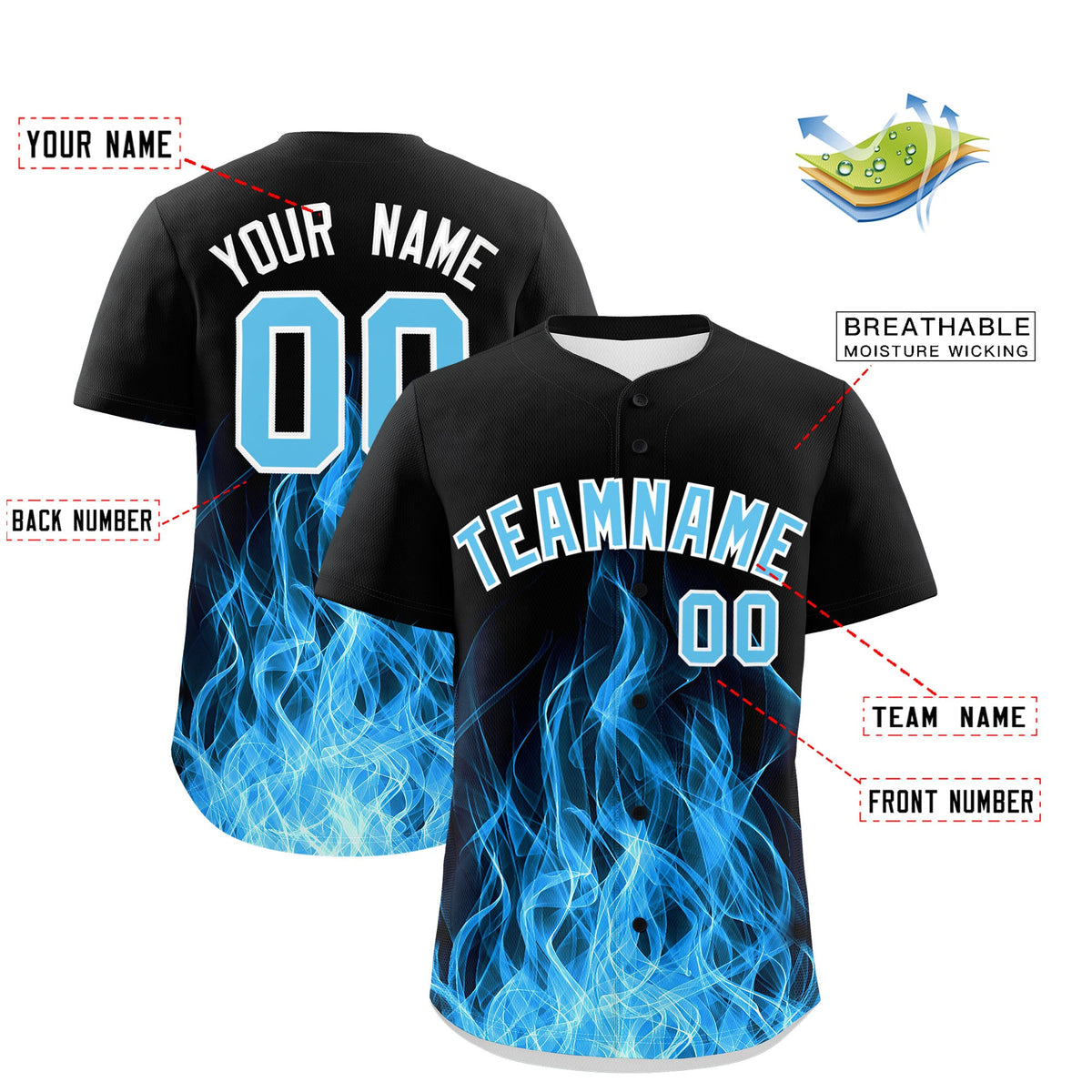 Custom Black Sky Blue White Flame Graffiti Pattern Personalization Baseball Jersey| KXKSHOP