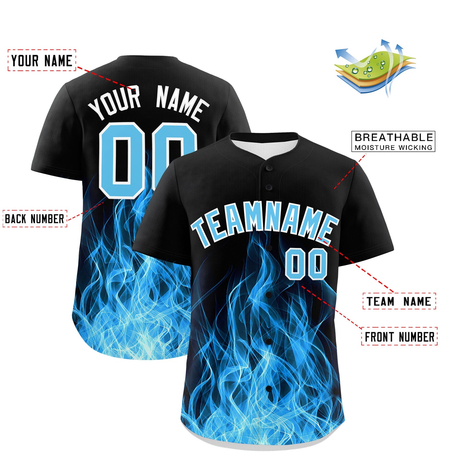 Custom Black Sky Blue White Flame Graffiti Pattern Personalization Baseball Jersey| KXKSHOP