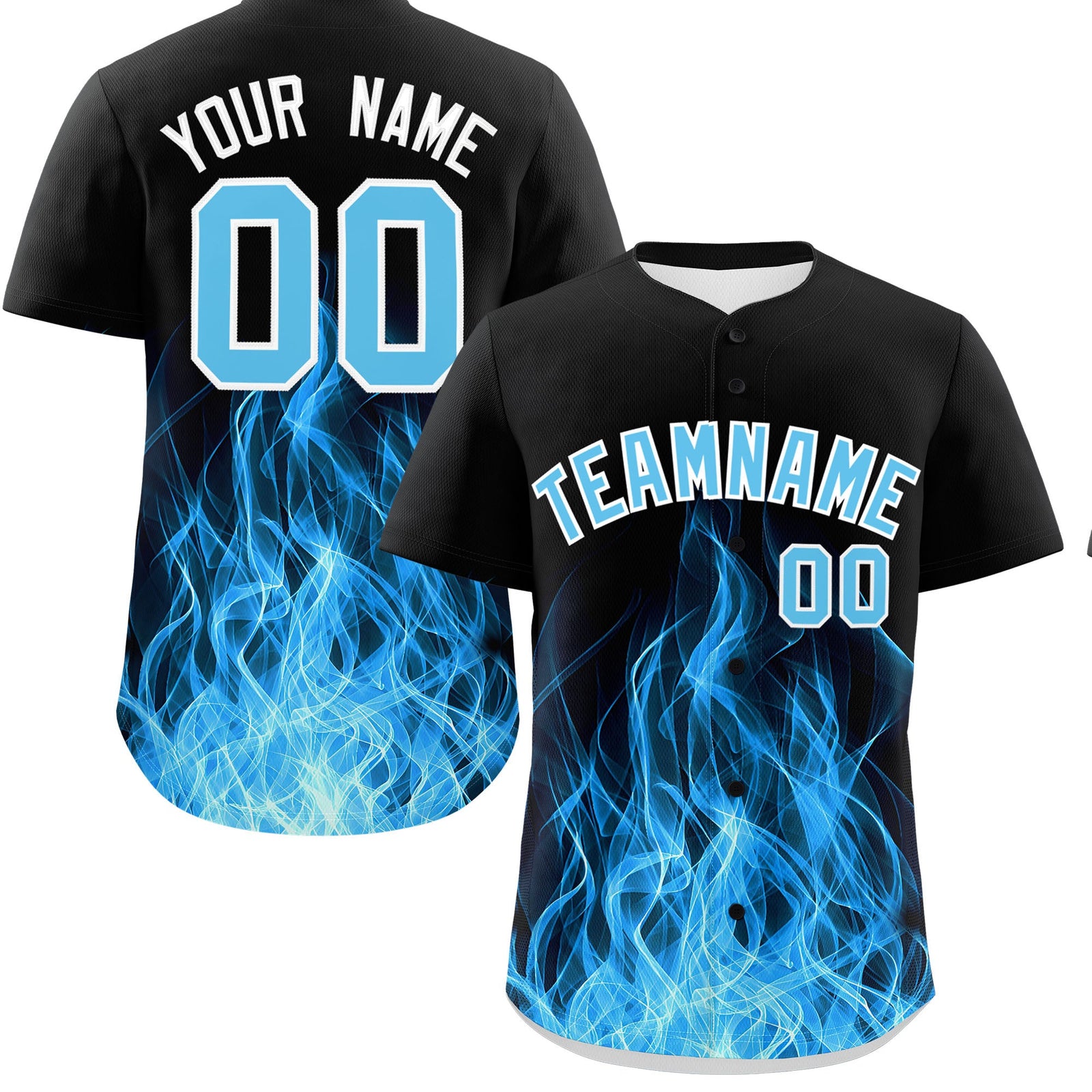 Custom Black Sky Blue White Flame Graffiti Pattern Personalization Baseball Jersey| KXKSHOP