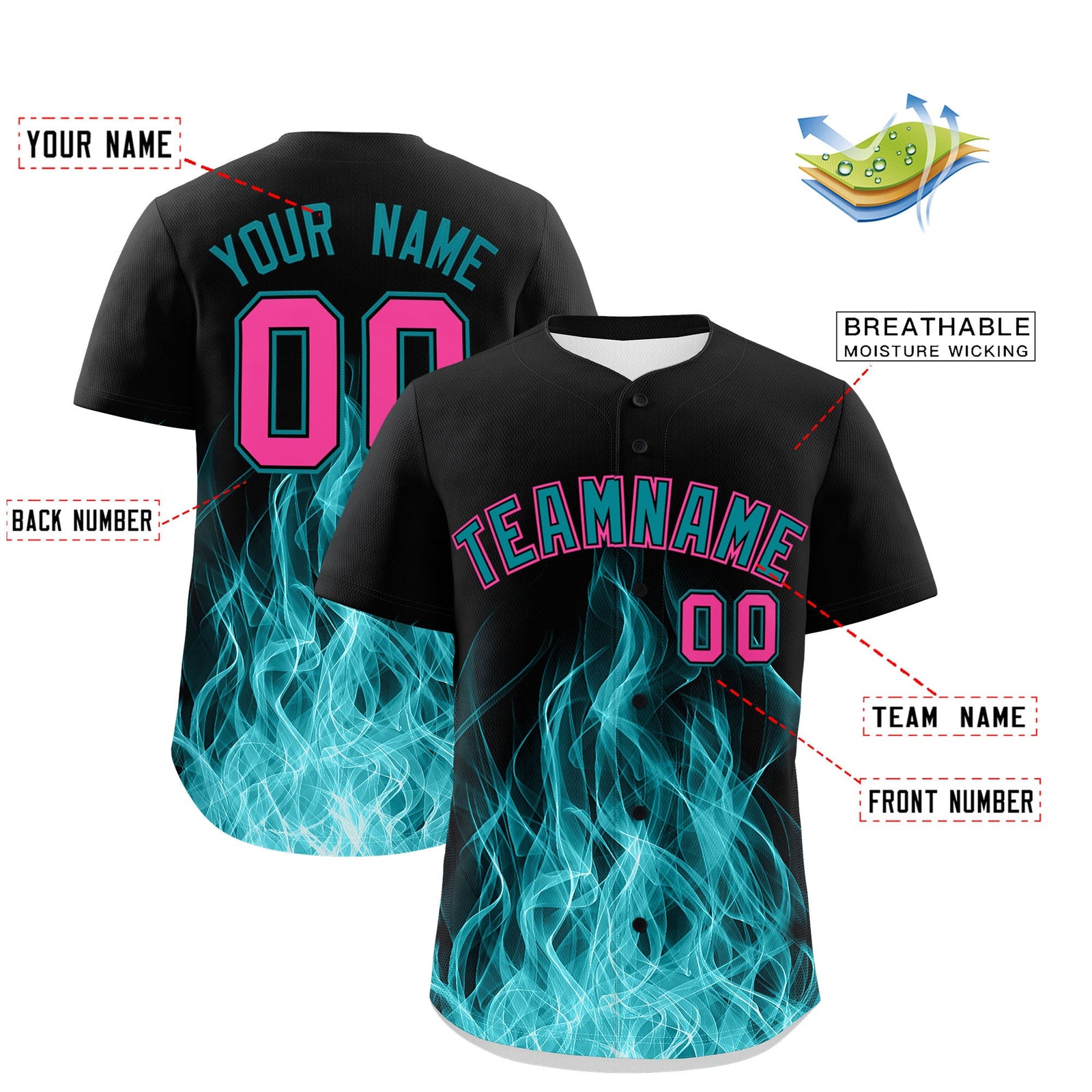 Custom Black Teal Pink Flame Graffiti Pattern Personalization Baseball Jersey| KXKSHOP