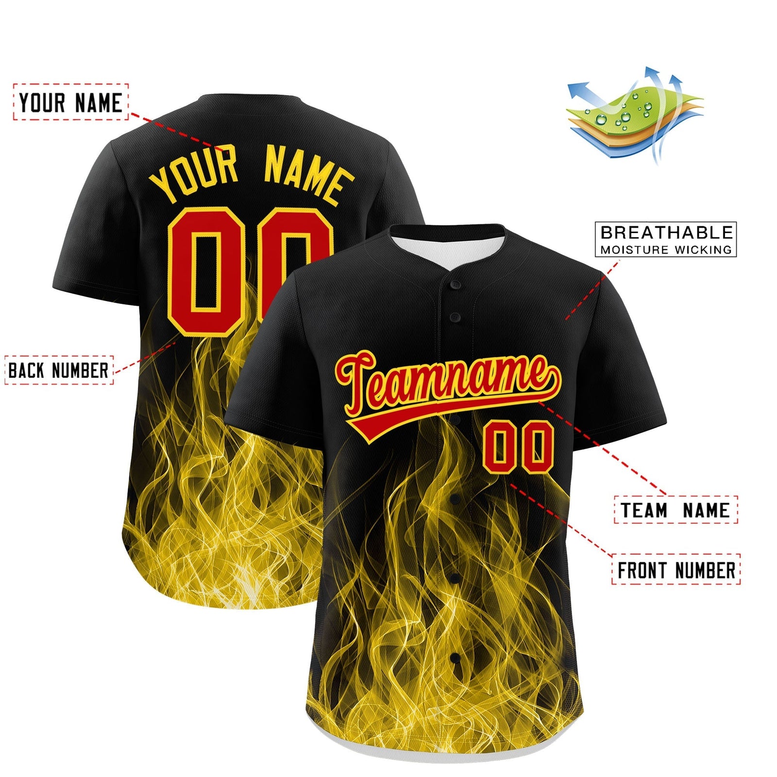 Custom Black Red Gold Flame Graffiti Pattern Personalization Baseball Jersey| KXKSHOP