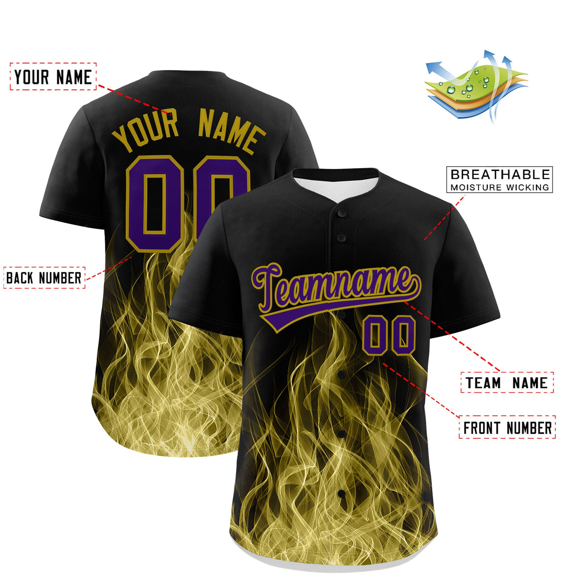 Custom Black Purple Old Gold Flame Graffiti Pattern Personalization Baseball Jersey| KXKSHOP