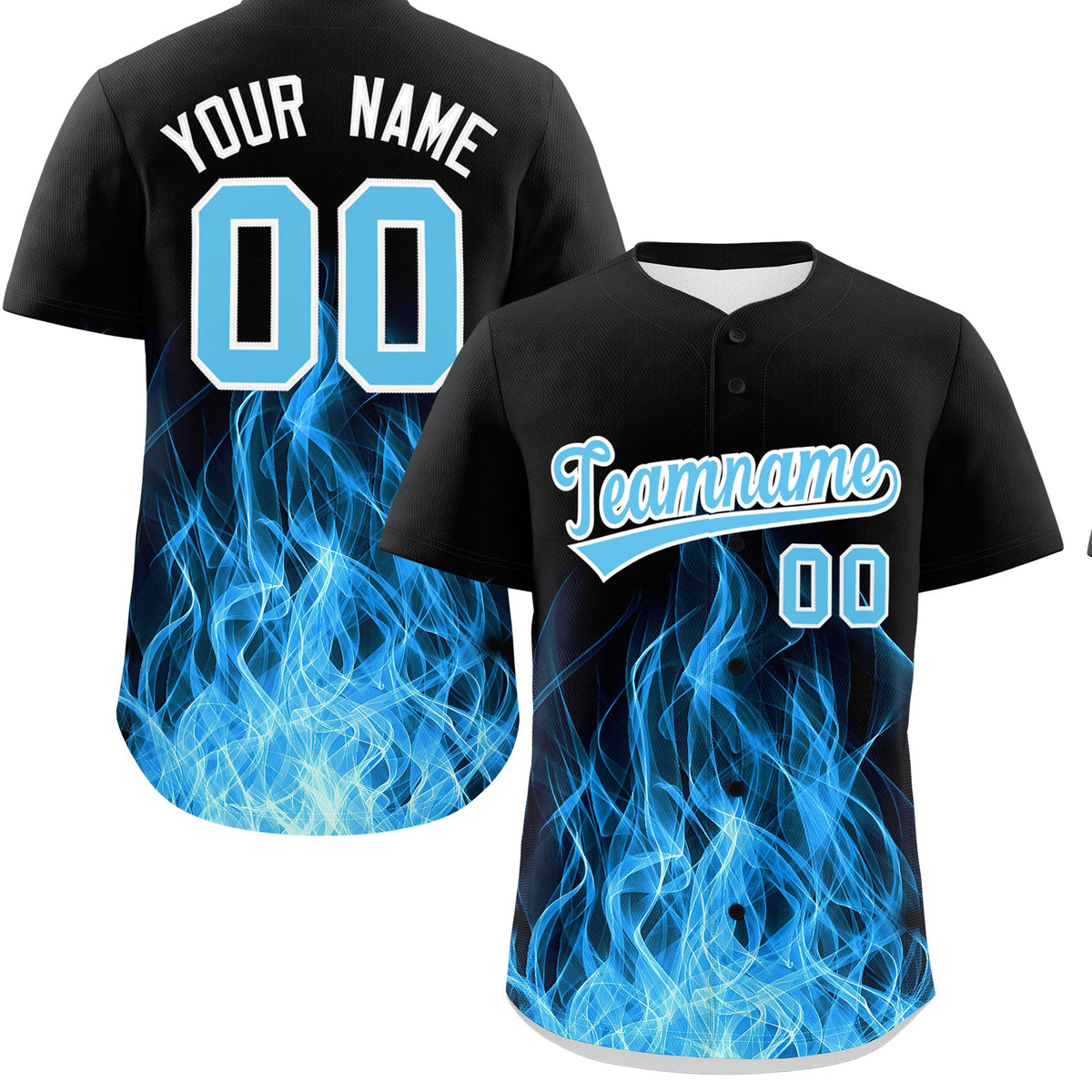 Custom Black Sky Blue White Flame Graffiti Pattern Personalization Baseball Jersey| KXKSHOP