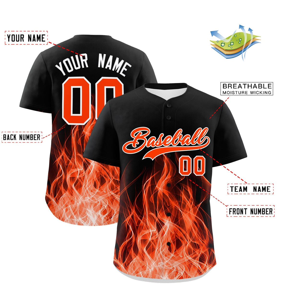 Custom Black Orange White Flame Graffiti Pattern Personalization Baseball Jersey| KXKSHOP
