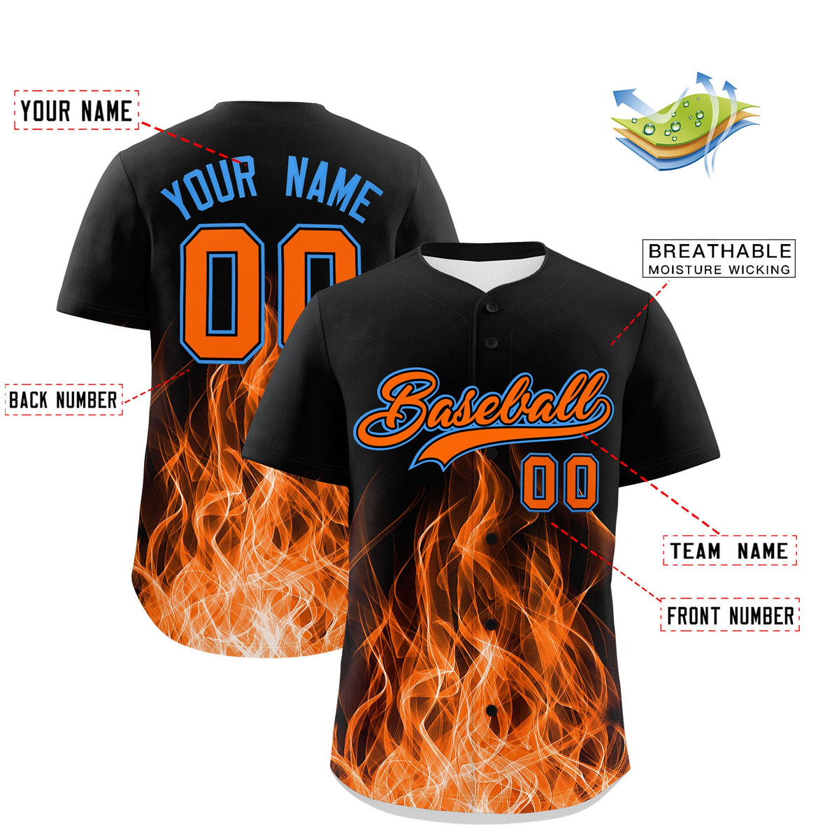 Custom Black Orange Light Blue Flame Graffiti Pattern Personalization Baseball Jersey| KXKSHOP