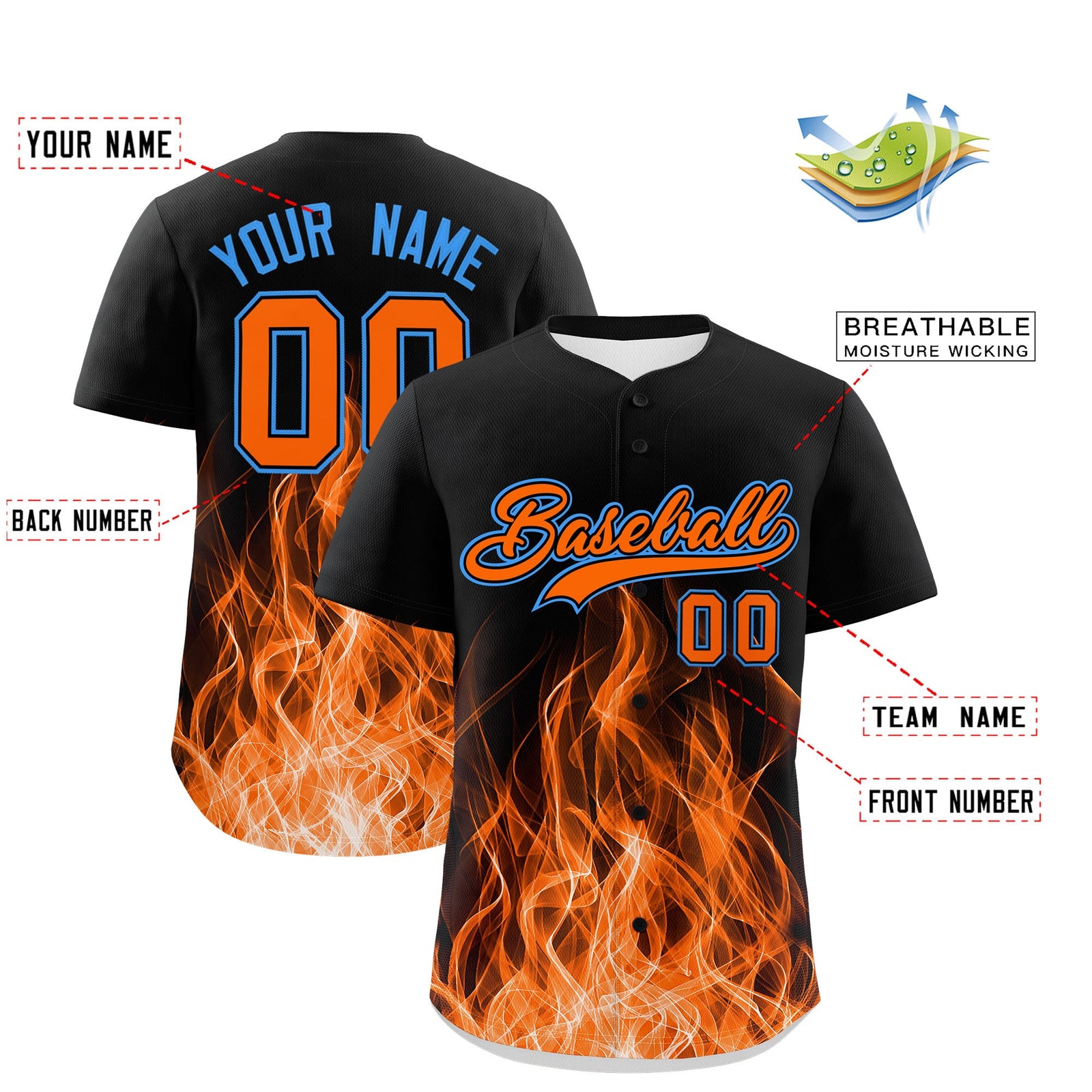 Custom Black Orange Light Blue Flame Graffiti Pattern Personalization Baseball Jersey| KXKSHOP