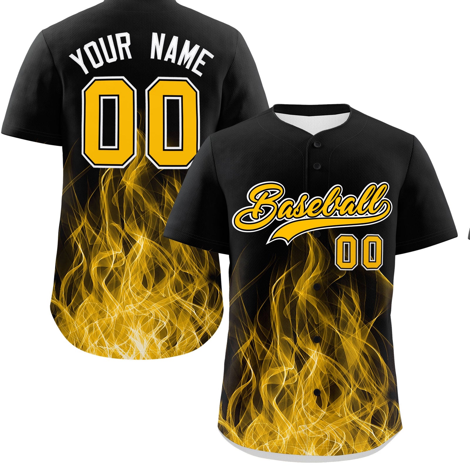 Custom Black Yellow White Flame Graffiti Pattern Personalization Baseball Jersey| KXKSHOP