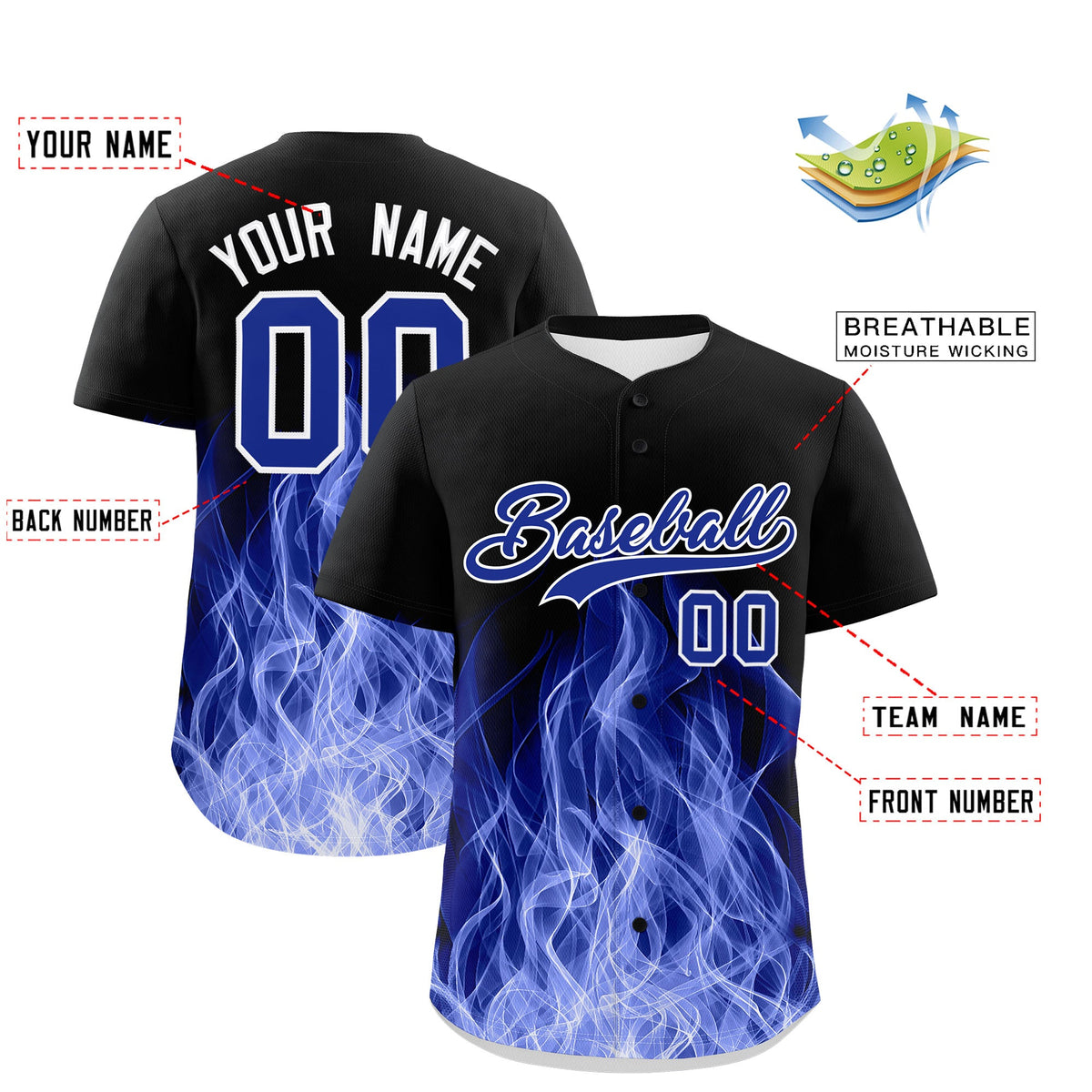 Custom Black Royal Blue White Flame Graffiti Pattern Personalization Baseball Jersey| KXKSHOP