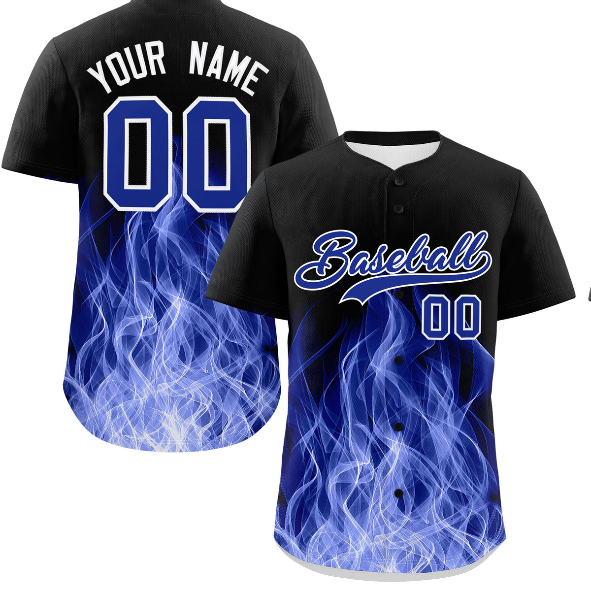 Custom Black Royal Blue White Flame Graffiti Pattern Personalization Baseball Jersey| KXKSHOP