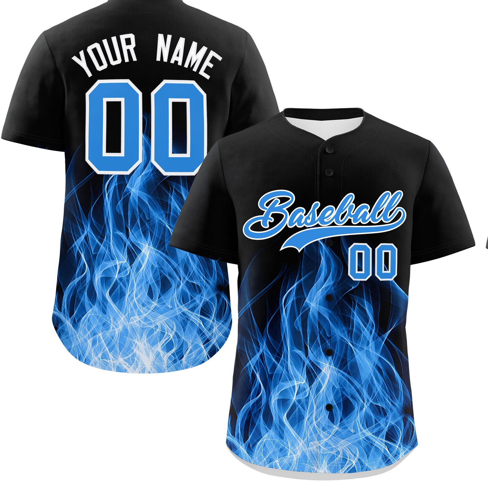 Custom Black Light Blue White Flame Graffiti Pattern Personalization Baseball Jersey| KXKSHOP
