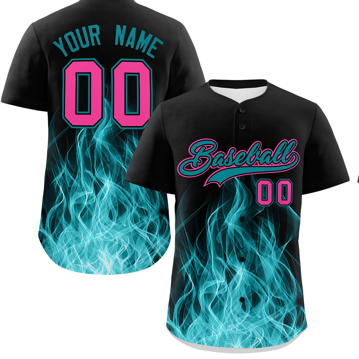 Custom Black Teal Pink Flame Graffiti Pattern Personalization Baseball Jersey| KXKSHOP
