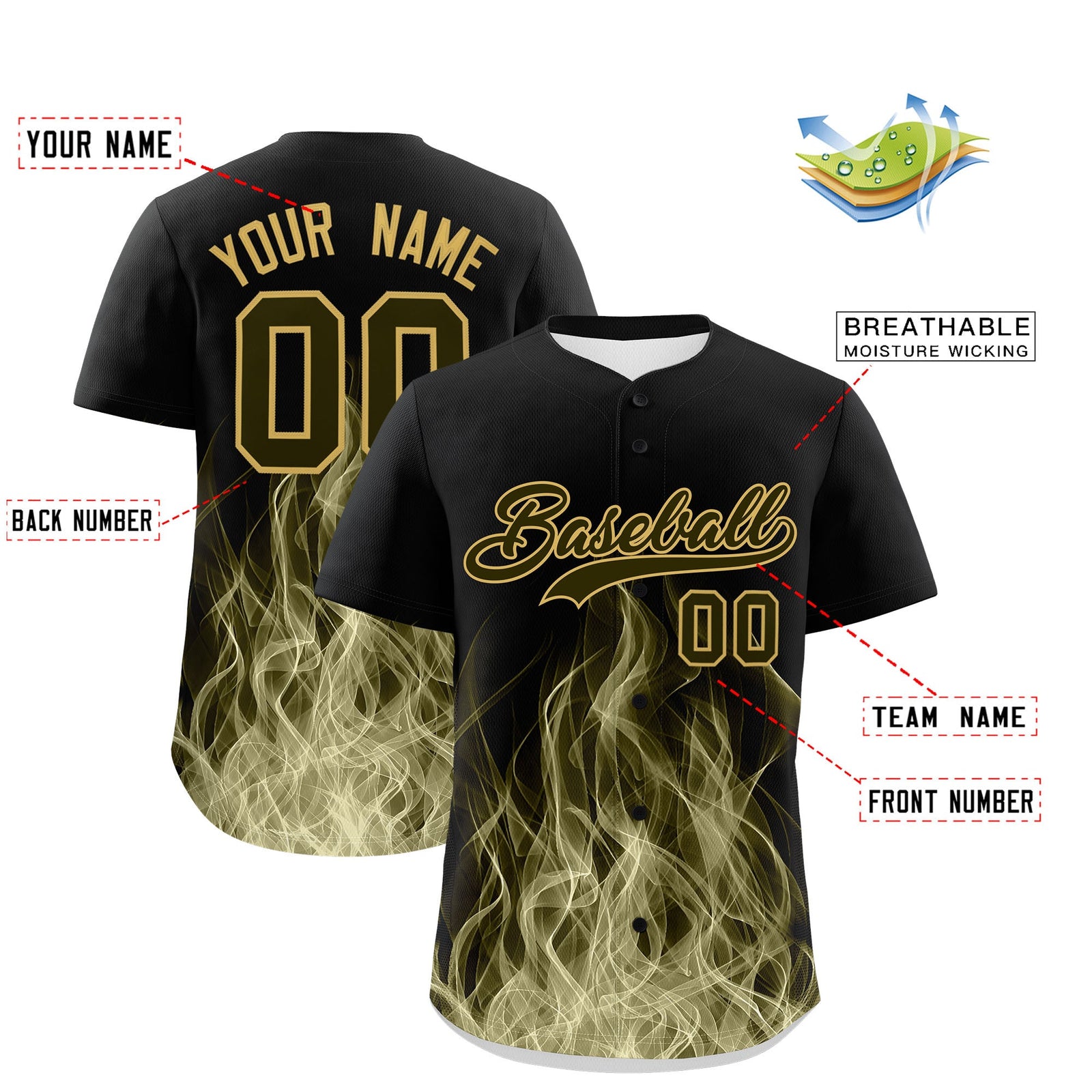 Custom Black Olive Khaki Flame Graffiti Pattern Personalization Baseball Jersey| KXKSHOP