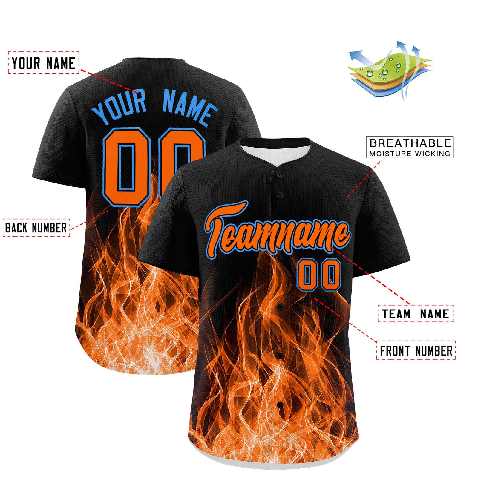 Custom Black Orange Light Blue Flame Graffiti Pattern Personalization Baseball Jersey| KXKSHOP
