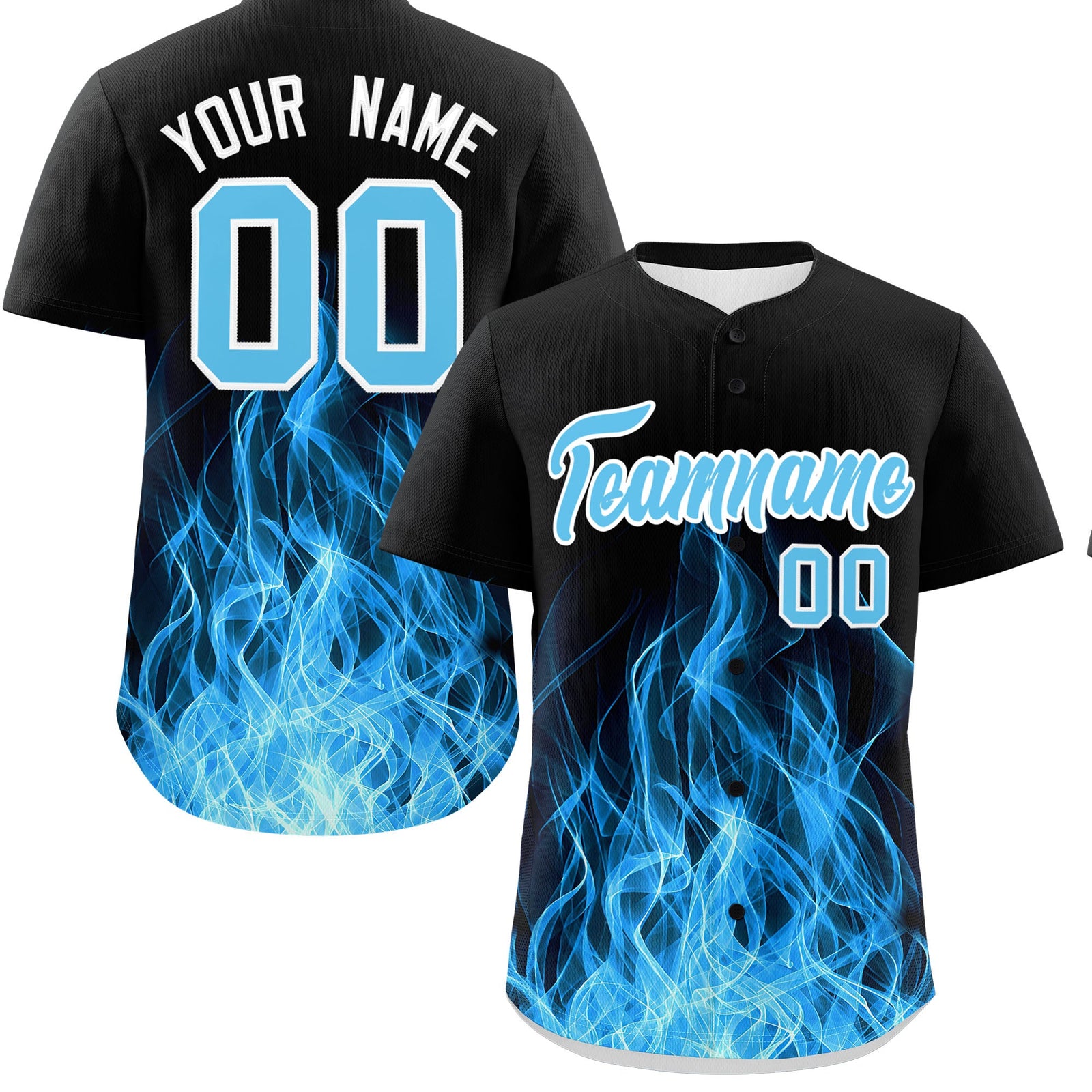 Custom Black Sky Blue White Flame Graffiti Pattern Personalization Baseball Jersey| KXKSHOP
