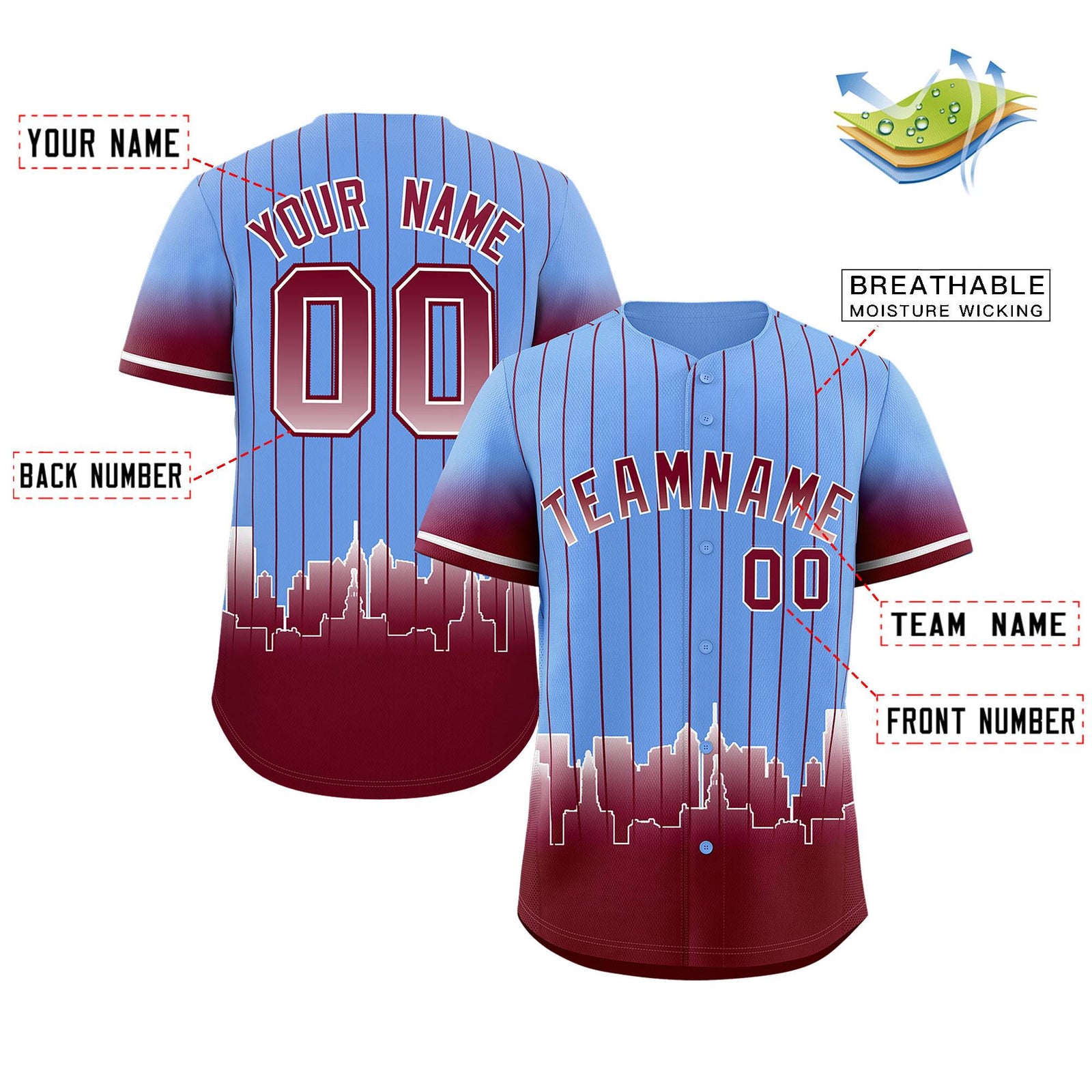 Custom Light Blue Philadelphia City Silhouette Authentic Baseball Jersey