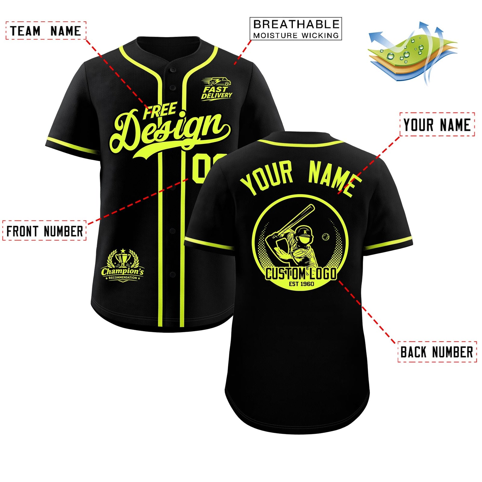 Custom Black Fluorescent Green Classic Style Stitched Sports Uniform Personalized For Teams Baseball Jersey| KXKSHOP