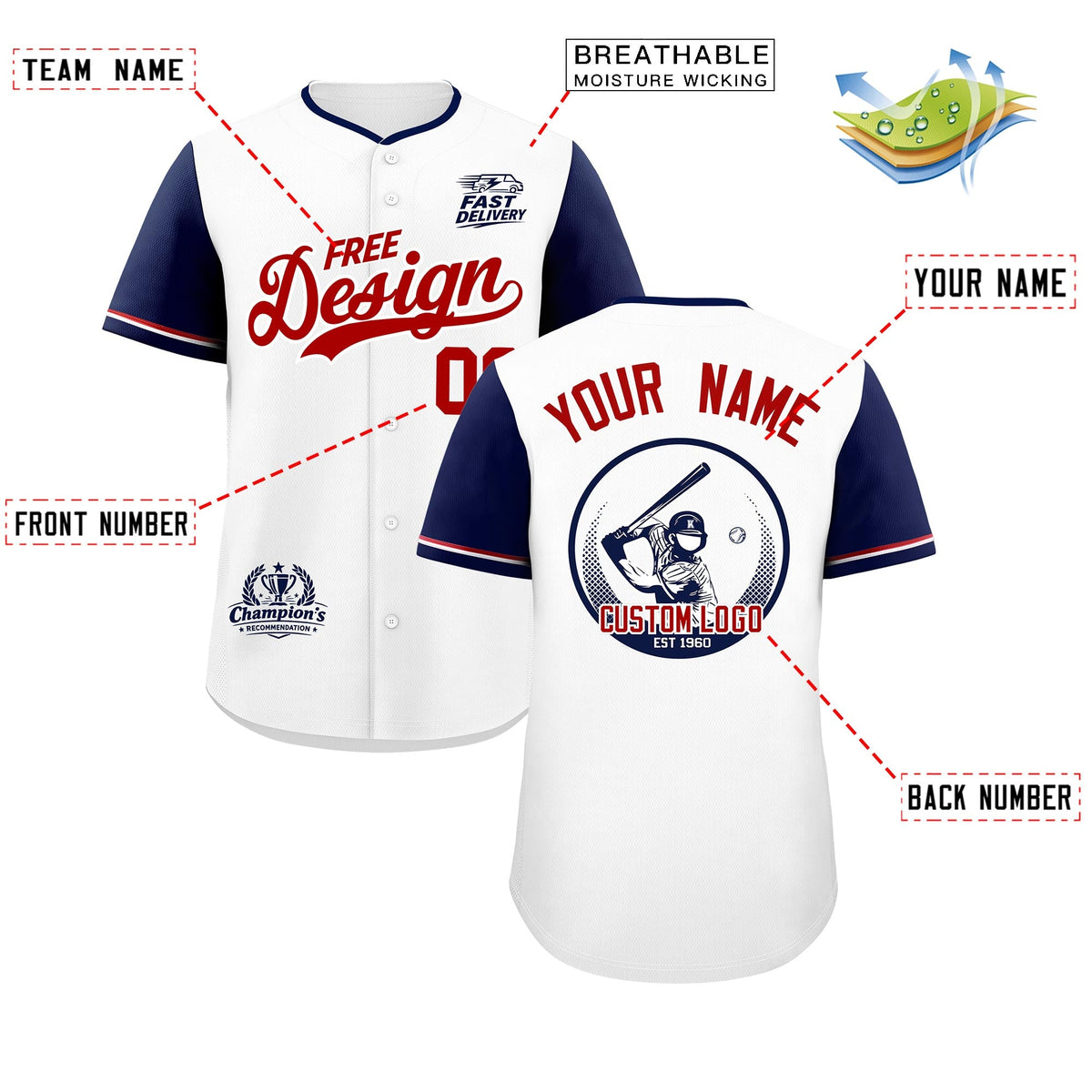 Custom White Red Navy Classic Style Stitched Sports Uniform Personalized For Teams Baseball Jersey| KXKSHOP