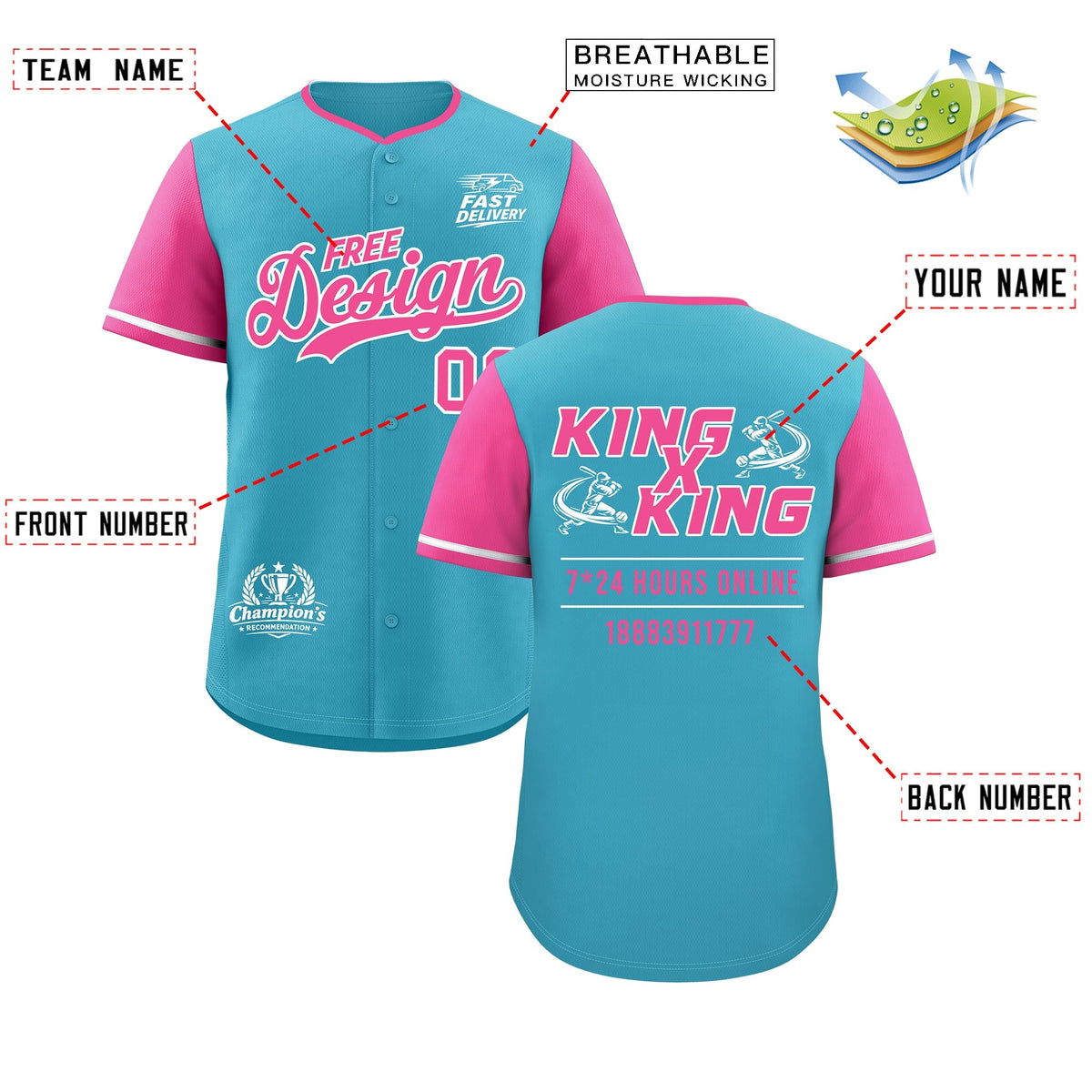 Custom Sky Blue White Pink Classic Style Stitched Sports Uniform Personalized For Teams Baseball Jersey| KXKSHOP