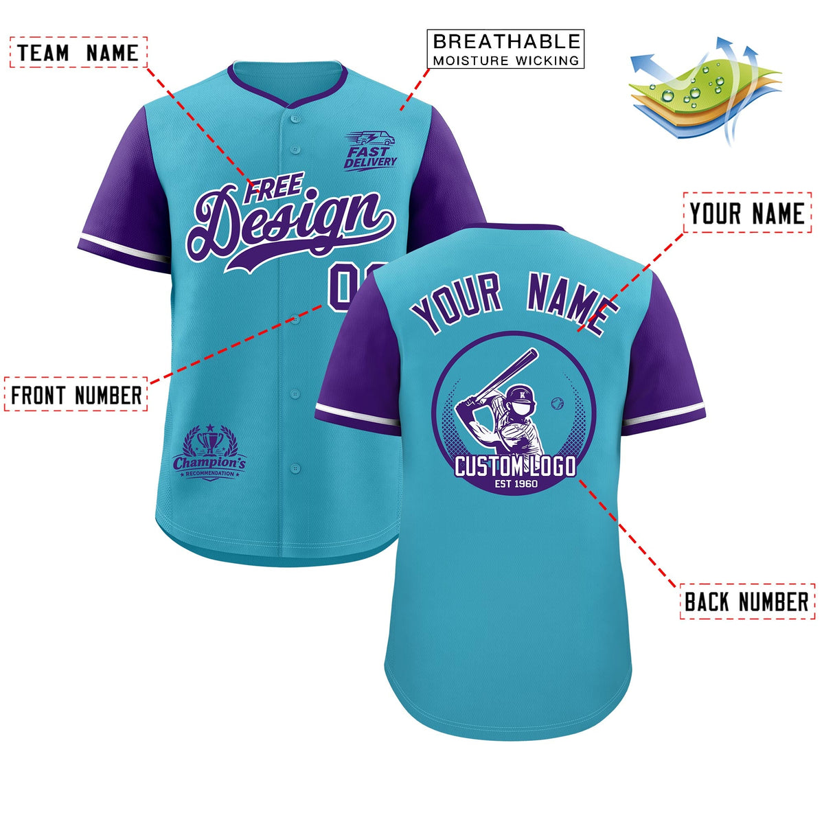 Custom Sky Blue Whitee Purple Classic Style Stitched Sports Uniform Personalized For Teams Baseball Jersey| KXKSHOP