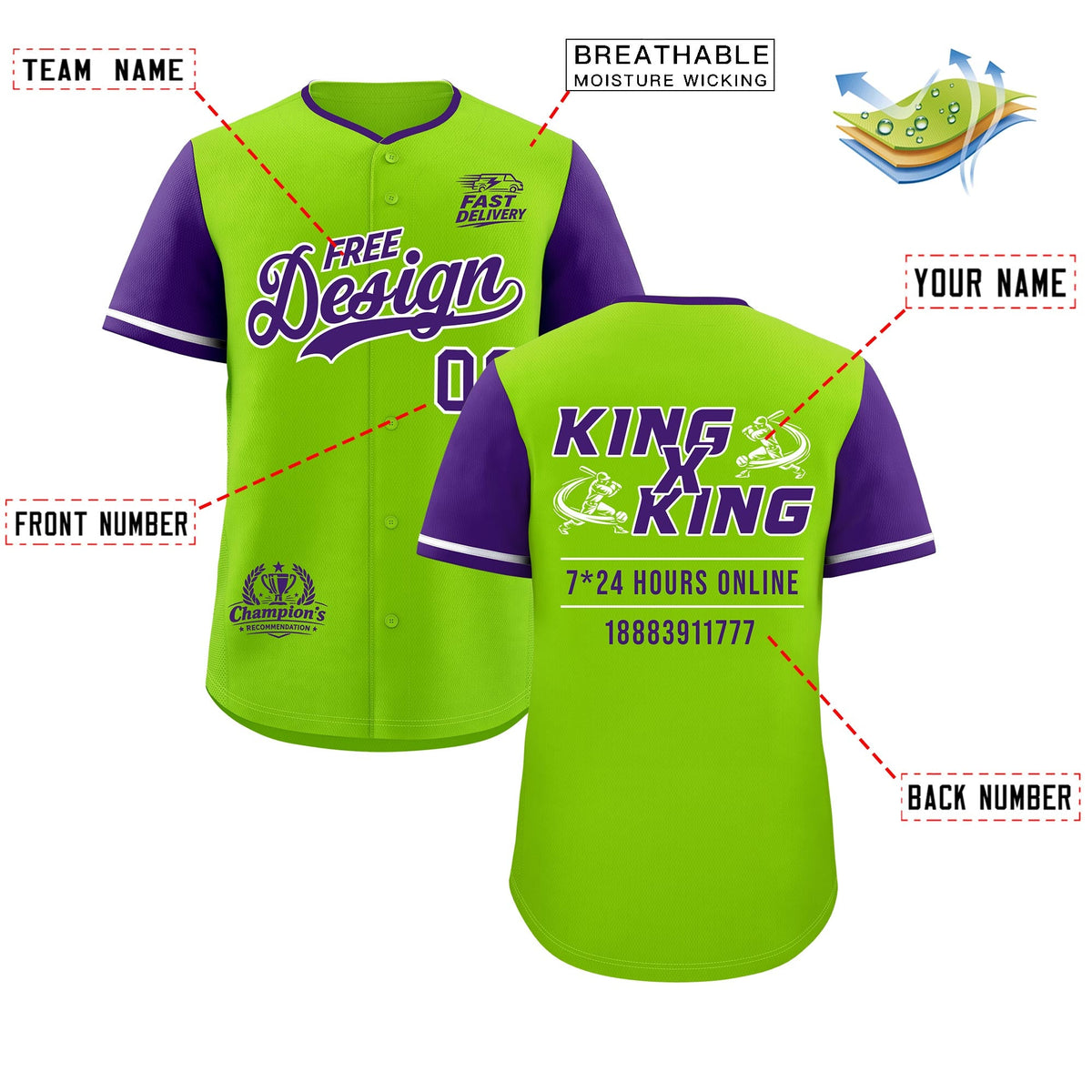 Custom Neon Green Purple Classic Style Stitched Sports Uniform Personalized For Teams Baseball Jersey| KXKSHOP