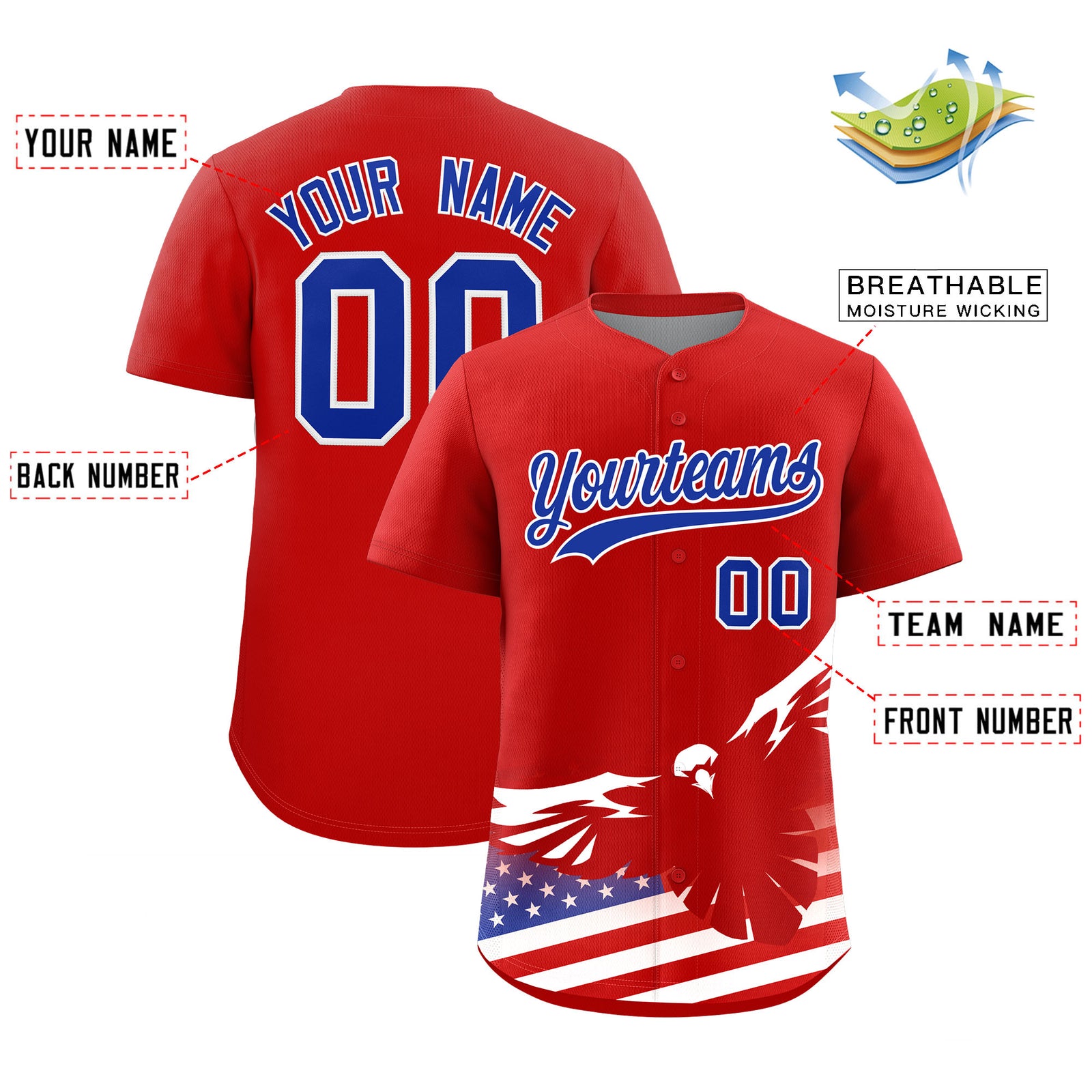 Custom Red American Flag Eagle Personalized Baseball Jersey
