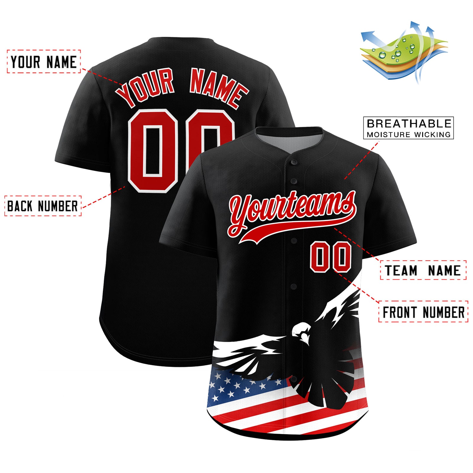 Custom Black American Flag Eagle Personalized Baseball Jersey