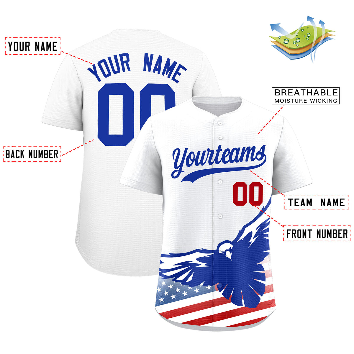 Custom White American Flag Eagle Personalized Baseball Jersey