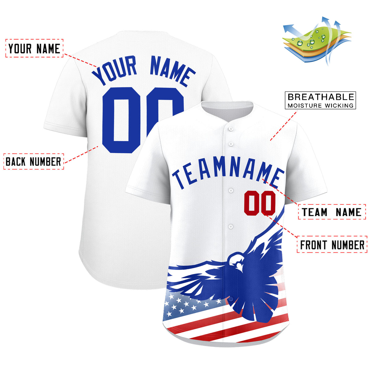 Custom White American Flag Eagle Personalized Baseball Jersey