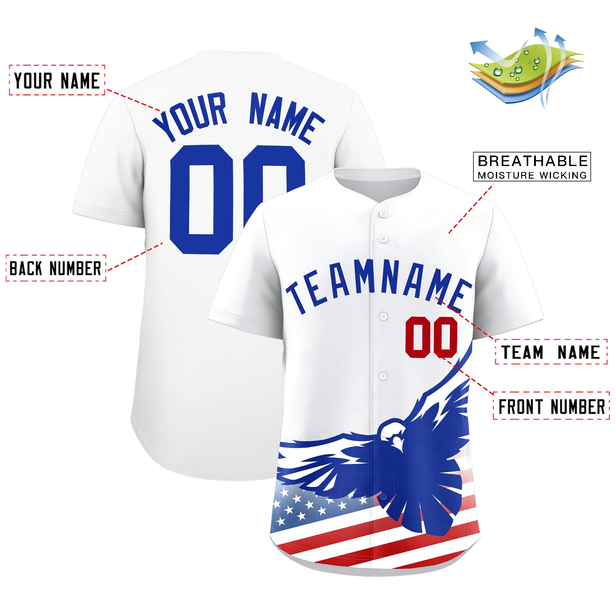 Custom White American Flag Eagle Personalized Baseball Jersey