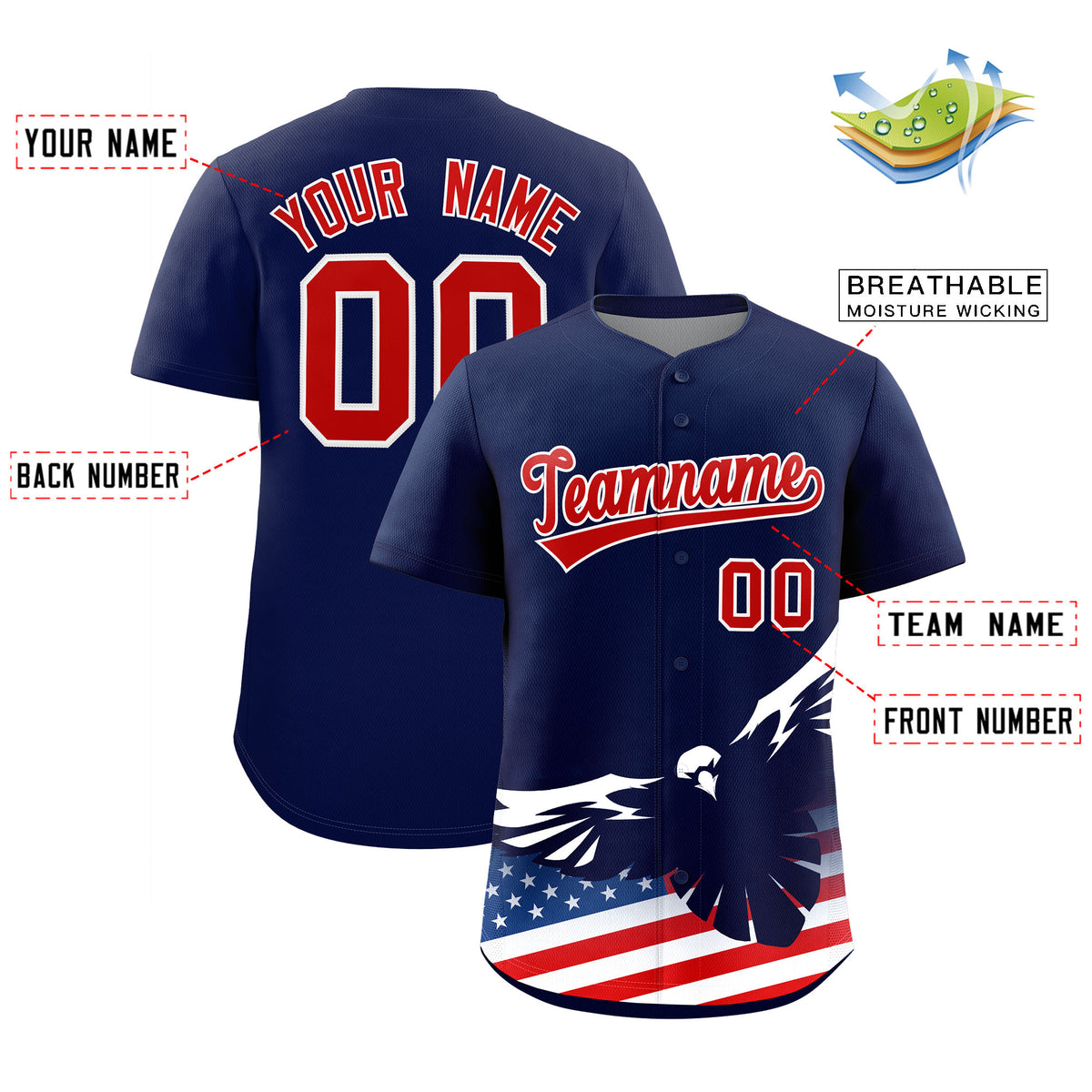 Custom Navy American Flag Eagle Personalized Baseball Jersey