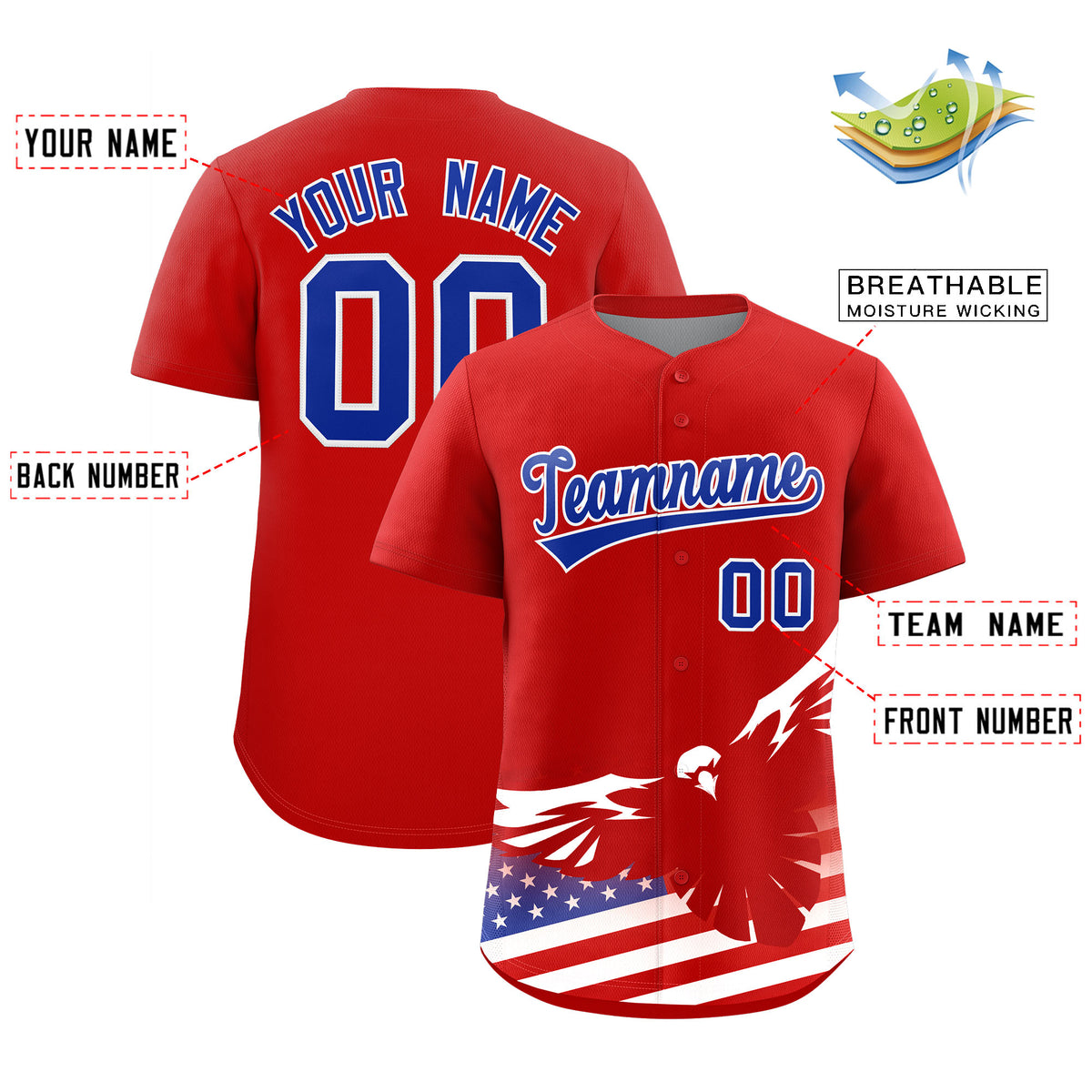 Custom Red American Flag Eagle Personalized Baseball Jersey