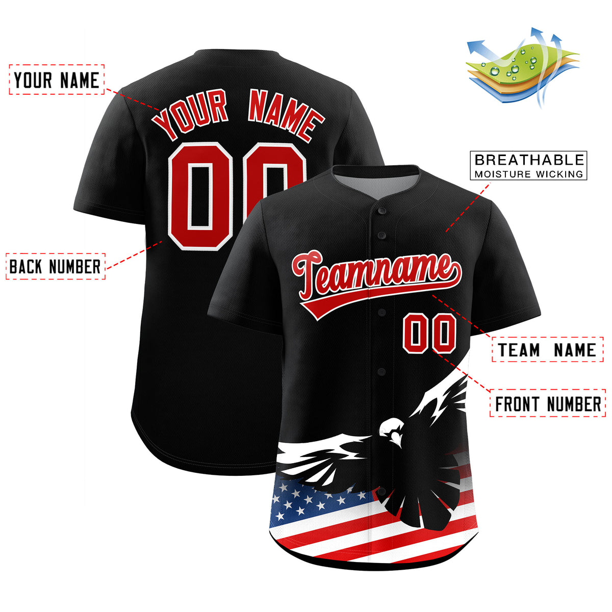 Custom Black American Flag Eagle Personalized Baseball Jersey