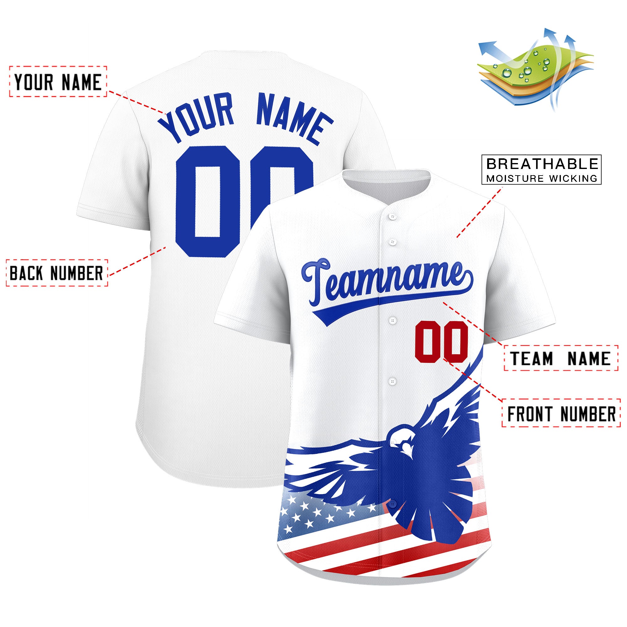 Custom White American Flag Eagle Personalized Baseball Jersey