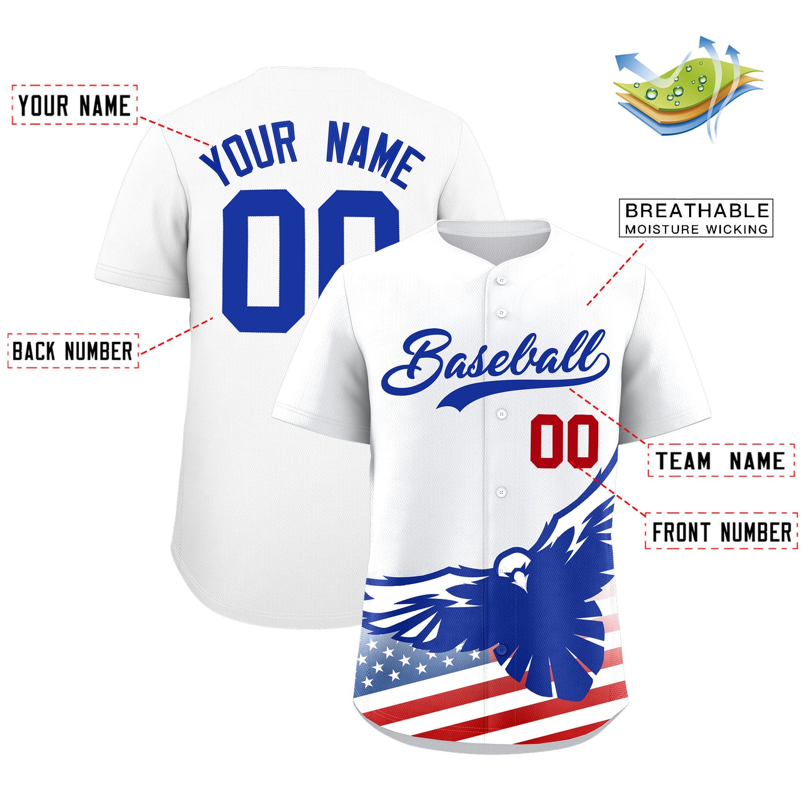 Custom White American Flag Eagle Personalized Baseball Jersey