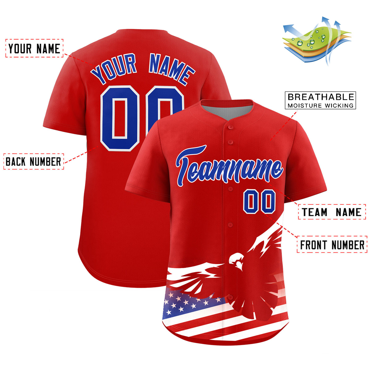 Custom Red American Flag Eagle Personalized Baseball Jersey