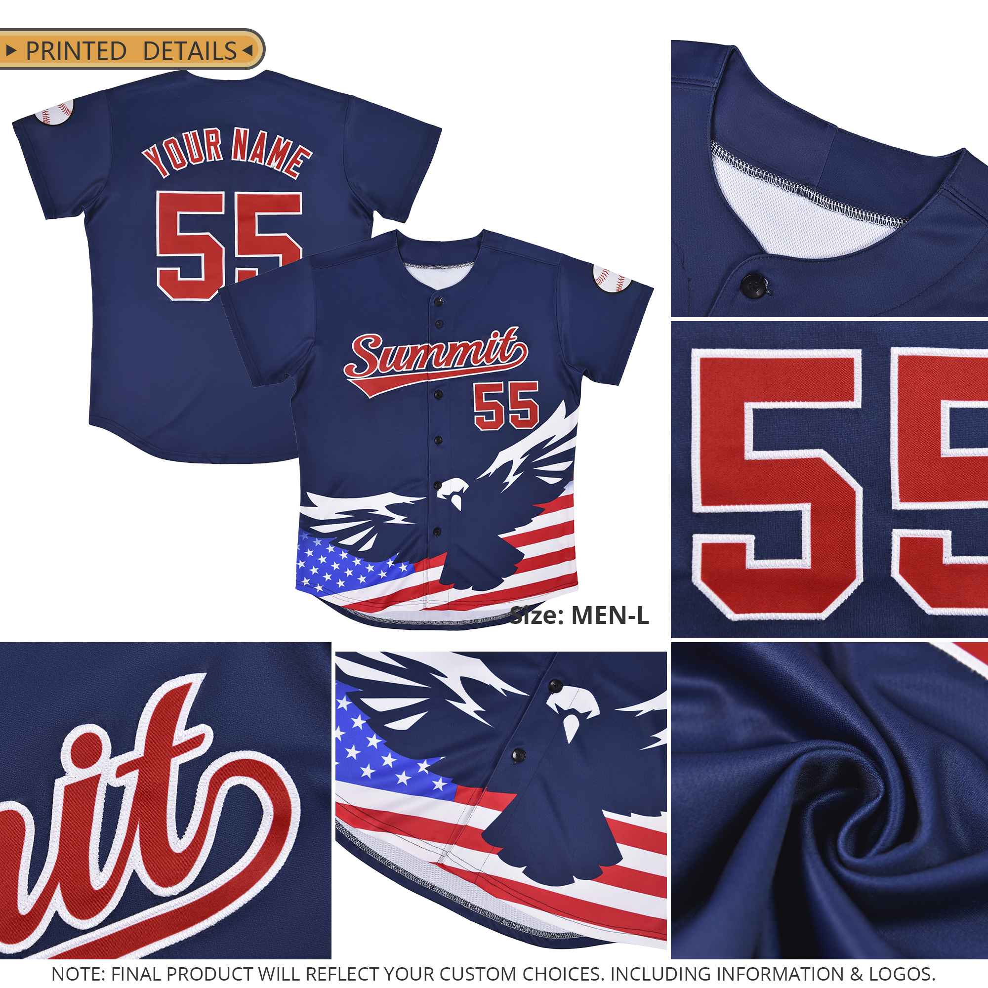 Custom Red American Flag Eagle Personalized Baseball Jersey