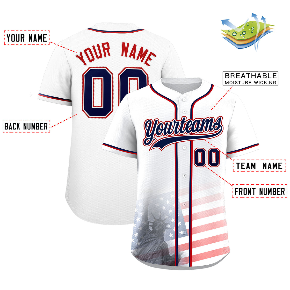 Custom White American Flag Patriotic Personalized Baseball Jersey