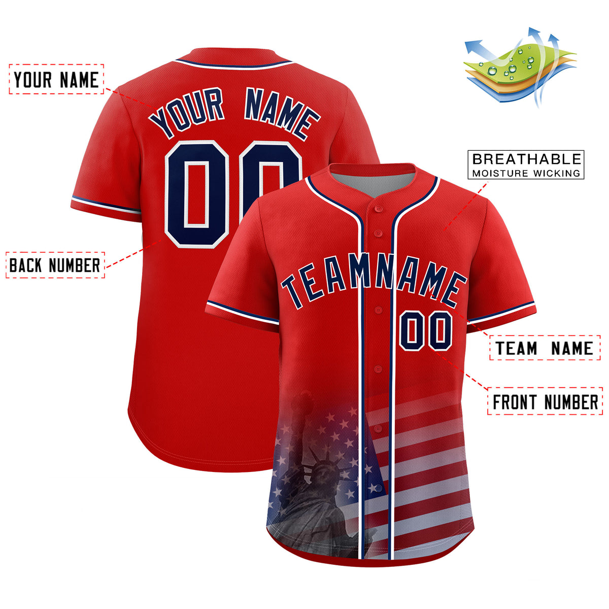 Custom Red American Flag Patriotic Personalized Baseball Jersey